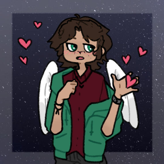 A picrew of me, short brown hair, green eyes, wears a red shirt and green jacket.